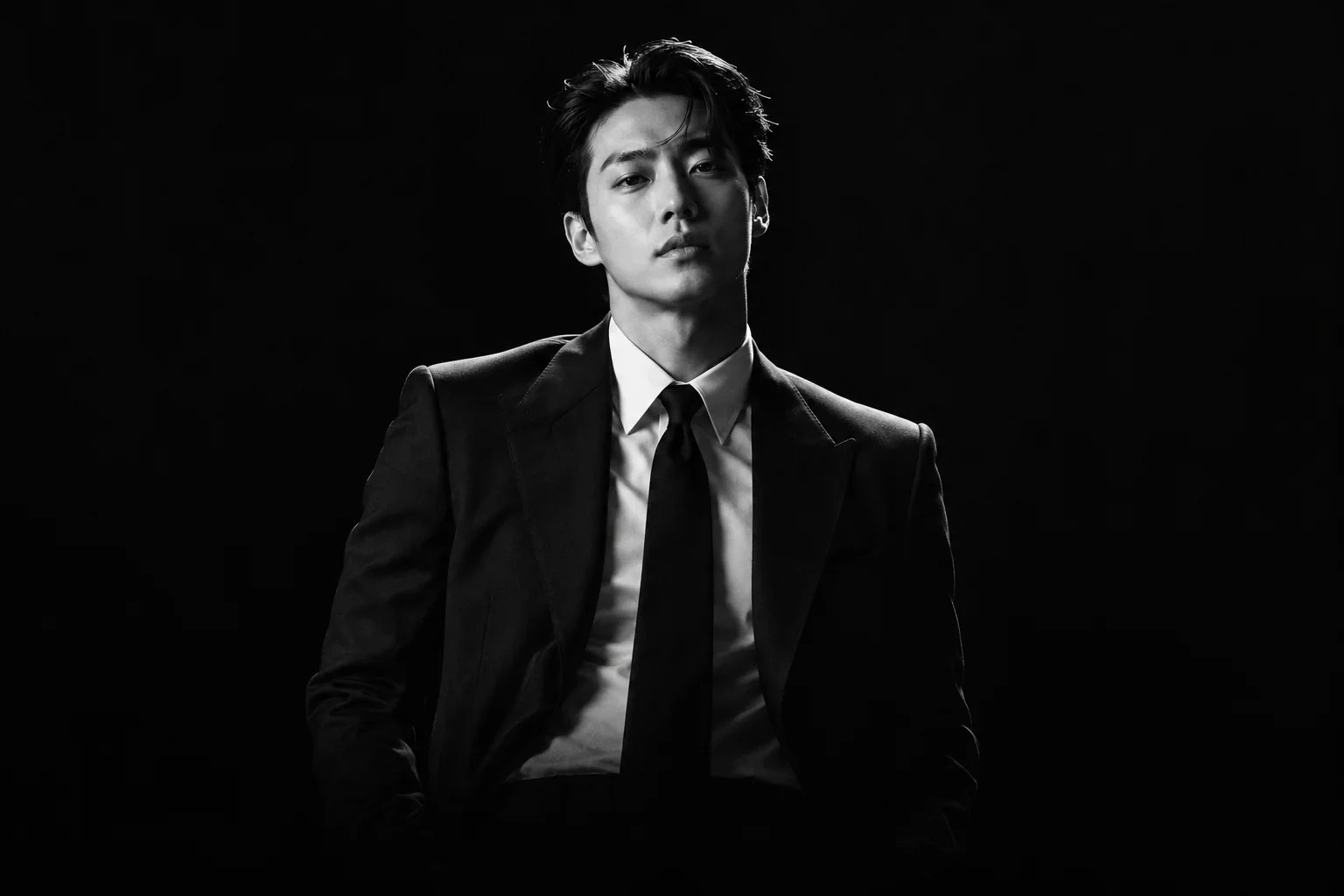 검은 수트를 입은 성인 남성의 흑백 콘셉트 화보
